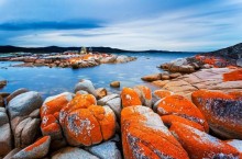 Яркий пляж Залив Огней с огненно-оранжевыми скалами: райское местечко Тасмании