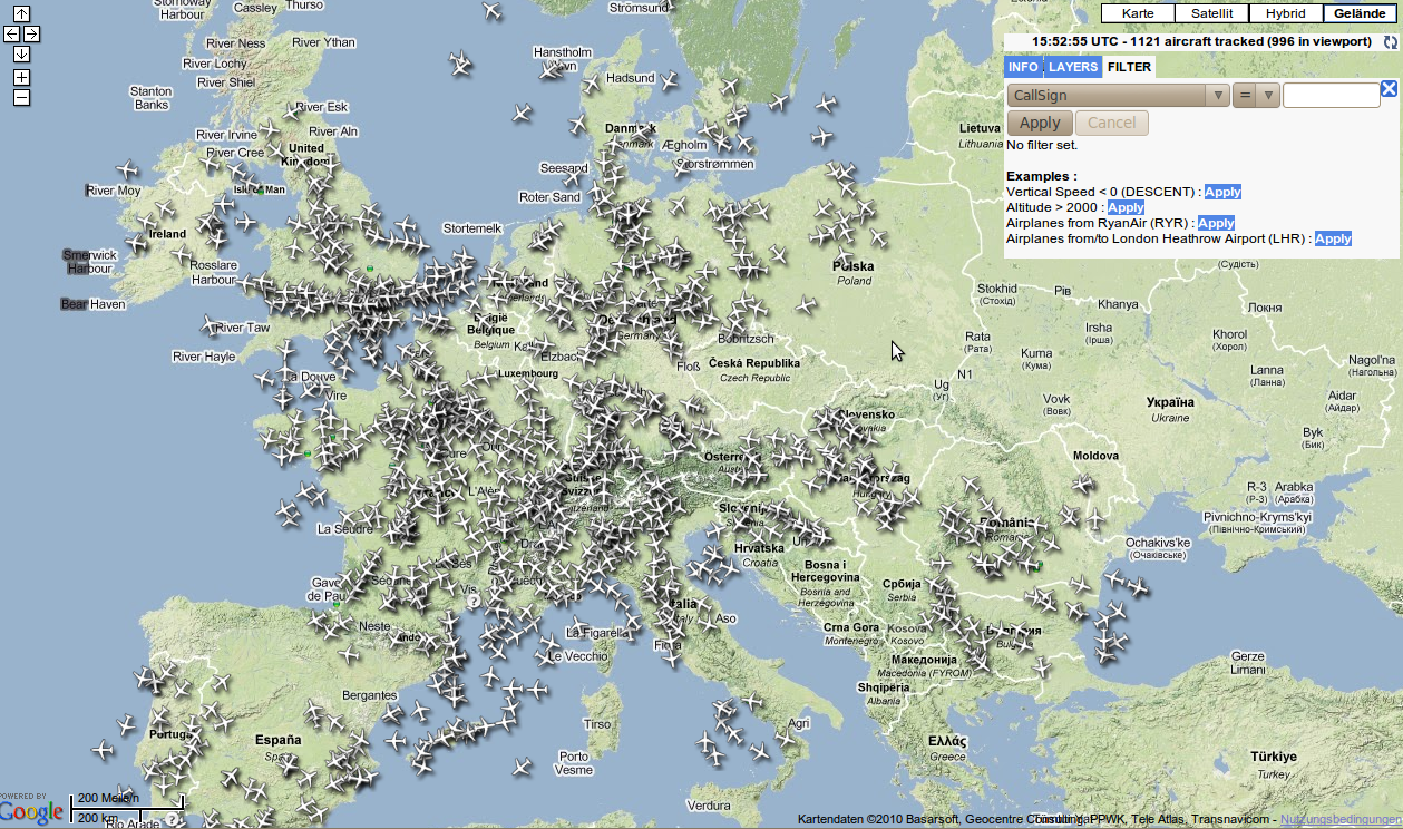 Сайт Radarvirtuel для проверки количества самолетов